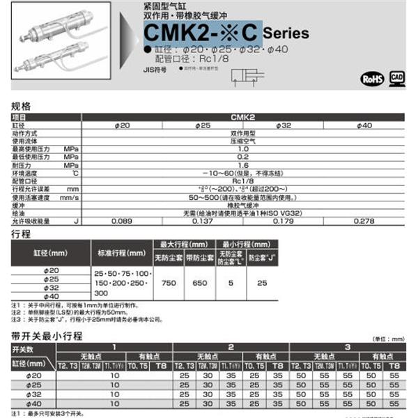 CKD喜開理緊固型氣缸CMK2-LS-32C-600-T5V-T-VB2